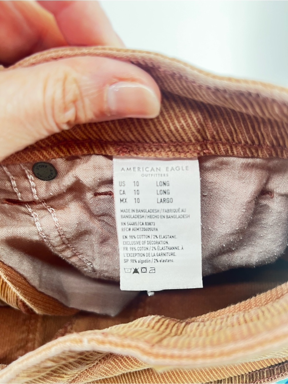 American Eagle Mom Straight Corduroy Pants 10 Long Brown Stretch High Rise - Picture 4 of 11